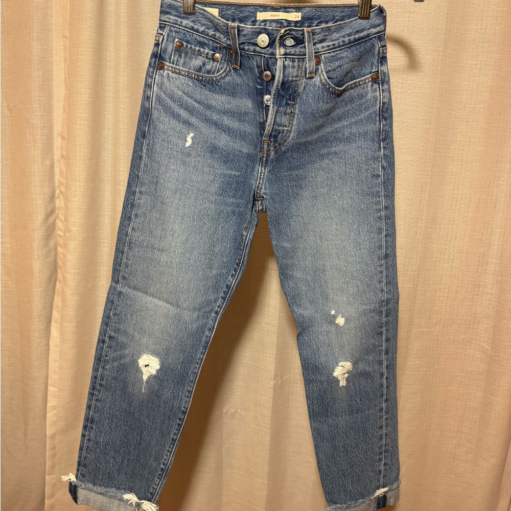 Levi's Blue Straight Leg Jeans with Distressed Details
